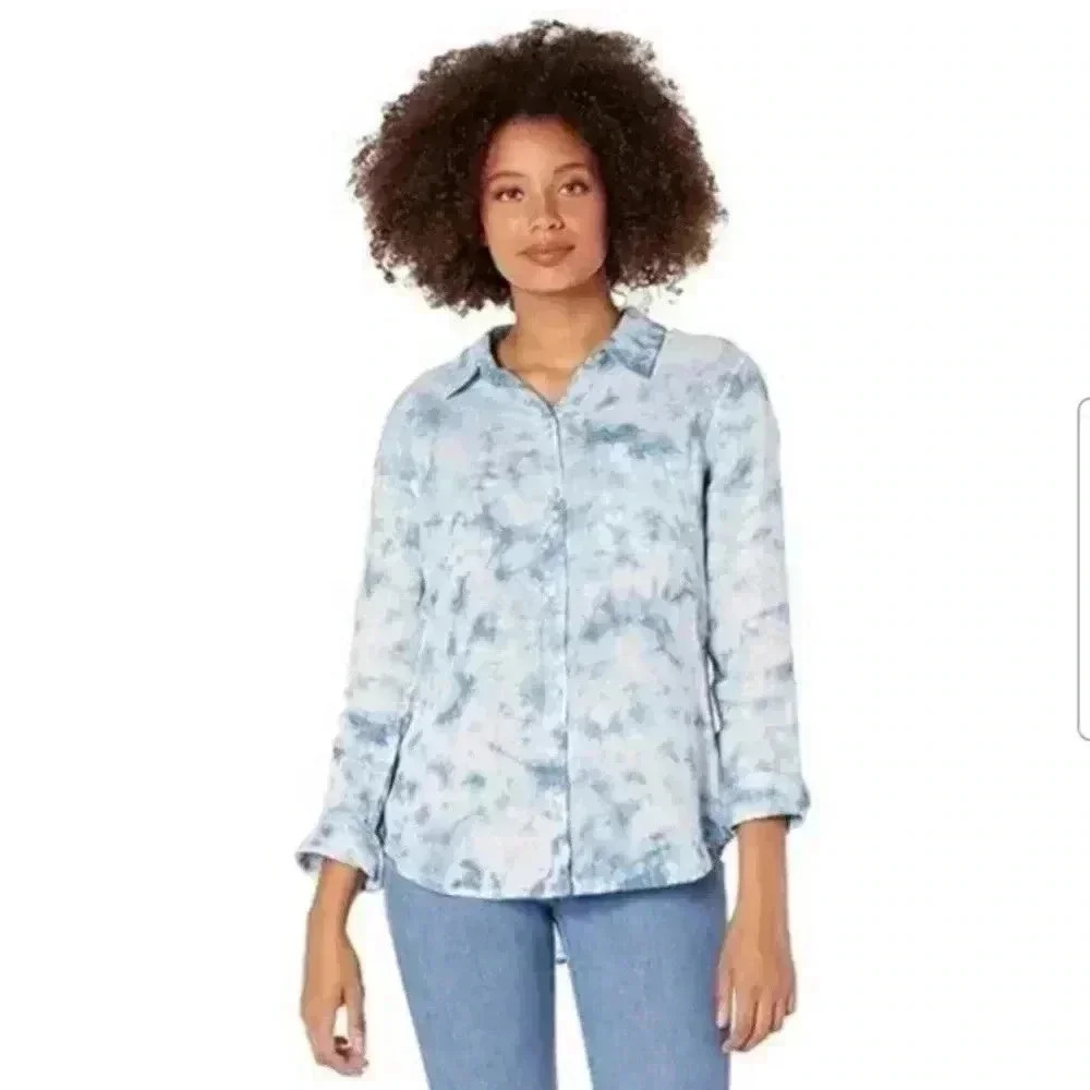 FAHERTY Malibu 100% Linen Tie Dye Button Down Shirt in Ocean Blue Size M Women’s
